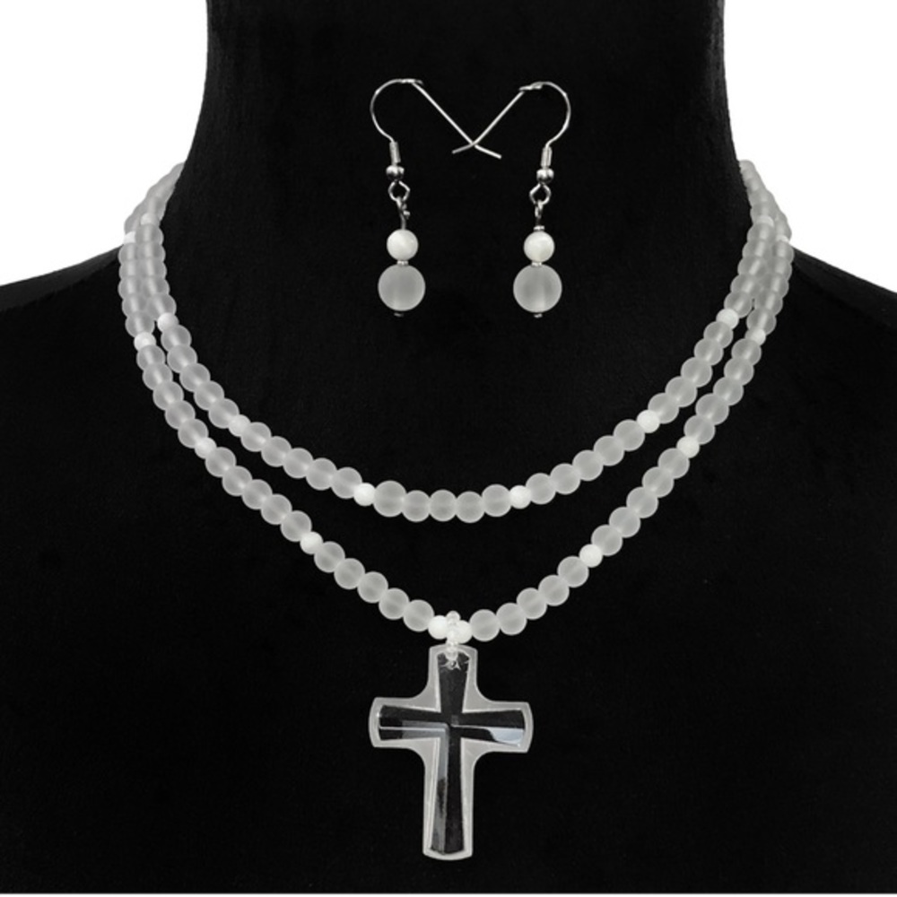 Frosted Glass Cross Beaded Necklace Earrings Set